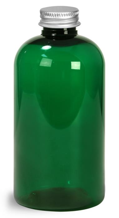 8 oz Green PET Round Bottles w/ Lined Aluminum Caps