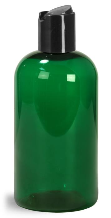 8 oz Green PET Boston Round Bottles w/ Black Disc Top Caps