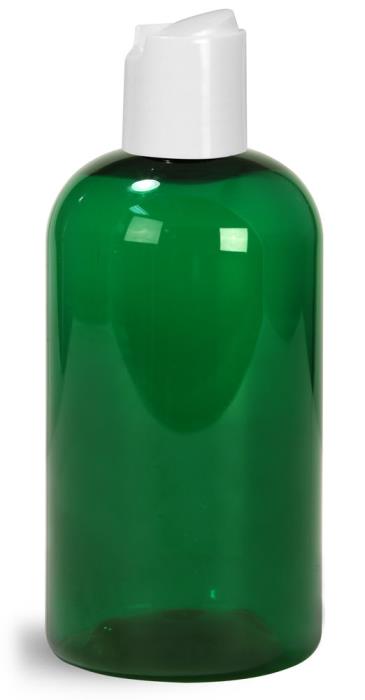 8 oz Green PET Boston Round Bottles w/ White Disc Top Caps