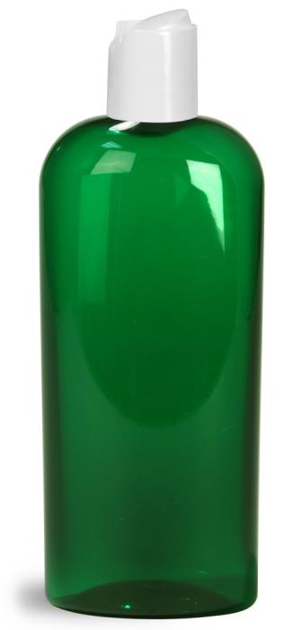 8 oz Green PET Cosmo Oval Bottles w/ White Disc Top Caps