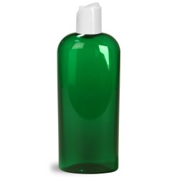 8 oz Green PET Cosmo Oval Bottles w/ White Disc Top Caps