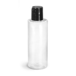 4 oz Clear PET Cylinder Round Bottles w/ Black Disc Top Caps