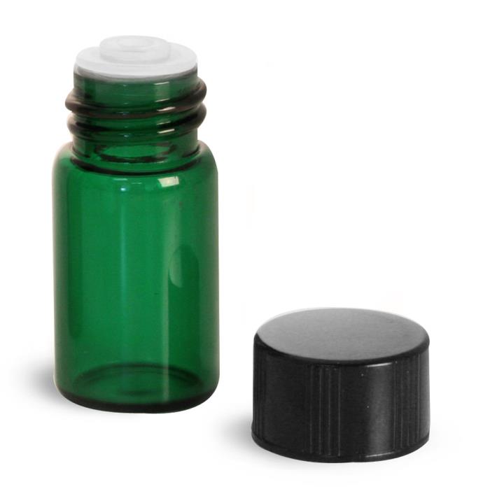 5/8 dram Green Glass Vials w/ Black Phenolic PV Lined Caps & Orifice Reducers