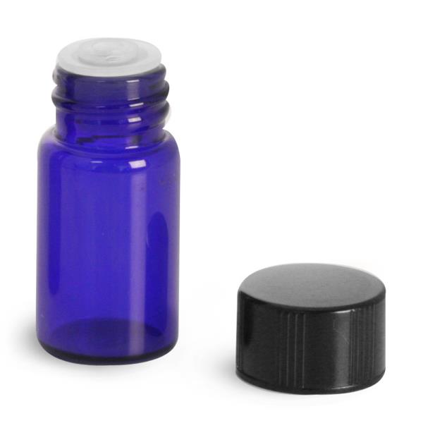 5/8 dram Blue Glass Vials w/ Black Phenolic PV Lined Caps & Orifice Reducers