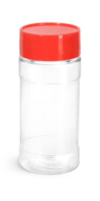 4 oz Clear PET Spice Bottles w/ Red Unlined Caps and Sifter Fitments