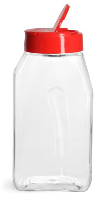 16 oz Clear PET Gripped Spice Bottles w/ Red Pressure Sensitive Lined Caps