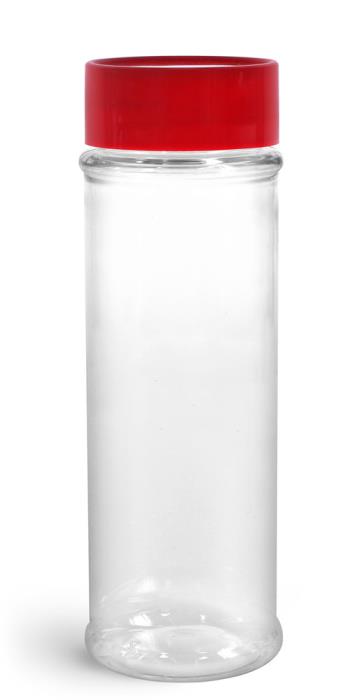 5.75 oz Clear PET Spice Bottles w/ Sifters and Red Unlined Caps