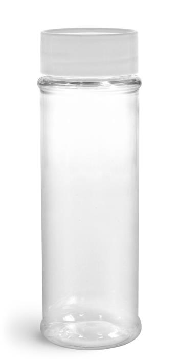 5.75 oz Clear PET Spice Bottles w/ Sifters and White Unlined Caps