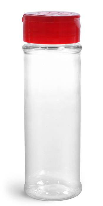 5.75 oz Plastic Bottles, Clear PET Spice Bottles w/ Red Pressure Sensitive Lined Caps