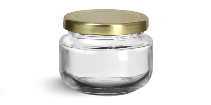 60 ml  Glass Jars, Clear Glass Wide Mouth Jars w/ Gold Metal Plastisol Lined Lug Caps