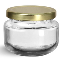 60 ml  Glass Jars, Clear Glass Wide Mouth Jars w/ Gold Metal Plastisol Lined Lug Caps