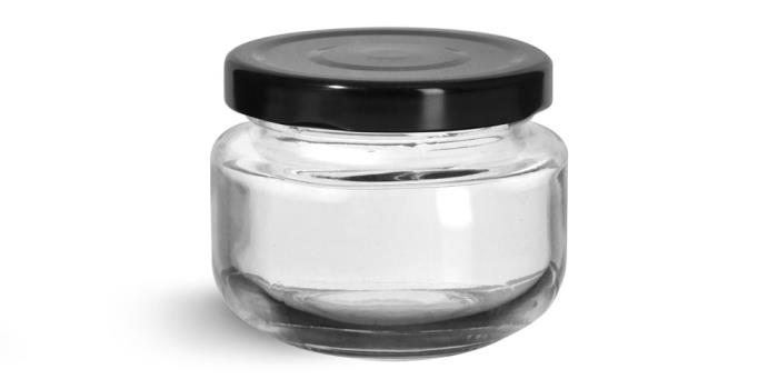 60 ml  Glass Jars, Clear Glass Wide Mouth Jars w/ Black Metal Plastisol Lined Lug Caps