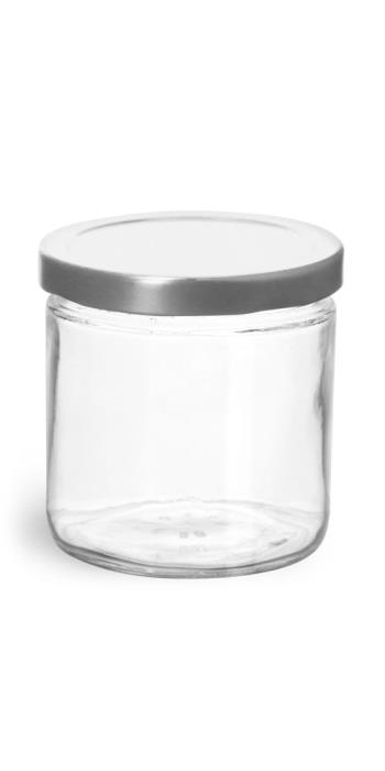 7.75 oz  Clear Glass Straight Sided Jars w/ Silver Metal Lined Lug Caps