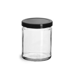 9 oz Clear Glass Straight Sided Jars w/ Black Metal Plastisol Lined Lug Caps