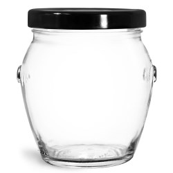 212 ml Glass Jars, Clear Glass Honey Pot Jars w/ Black Metal Plastisol Lined Lug Caps