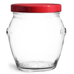 212 ml Glass Jars, Clear Glass Honey Pot Jars w/ Red Metal Plastisol Lined Lug Caps