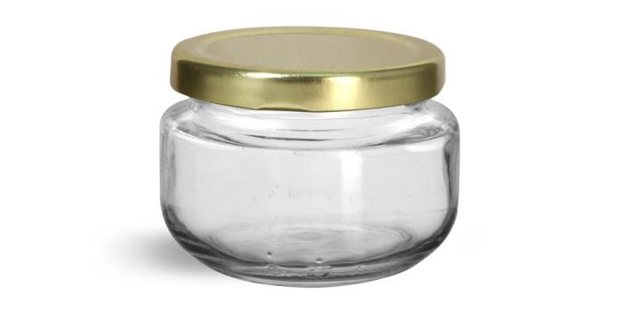 140 ml  Glass Jars, Clear Glass Wide Mouth Jars w/ Gold Metal Plastisol Lined Lug Caps