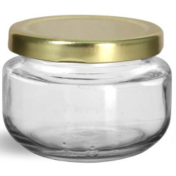 140 ml  Glass Jars, Clear Glass Wide Mouth Jars w/ Gold Metal Plastisol Lined Lug Caps