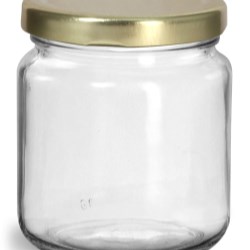 200 ml  Glass Jars, Clear Glass Wide Mouth Jars w/ Gold Metal Plastisol Lined Lug Caps