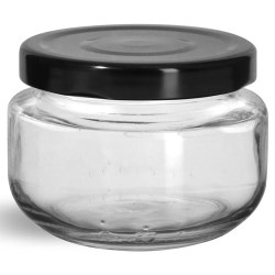 140 ml  Glass Jars, Clear Glass Wide Mouth Jars w/ Black Metal Plastisol Lined Lug Caps