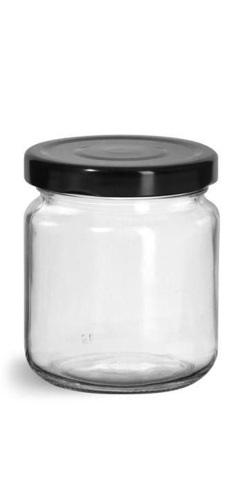 200 ml  Glass Jars, Clear Glass Wide Mouth Jars w/ Black Metal Plastisol Lined Lug Caps