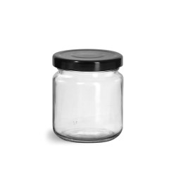 200 ml  Glass Jars, Clear Glass Wide Mouth Jars w/ Black Metal Plastisol Lined Lug Caps