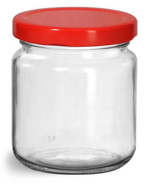 200 ml Glass Jars, Clear Glass Wide Mouth Jars w/ Red Metal Plastisol Lined Lug Caps