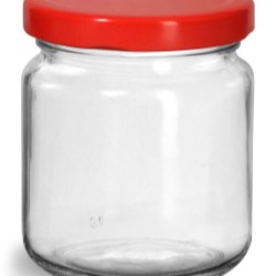 200 ml Glass Jars, Clear Glass Wide Mouth Jars w/ Red Metal Plastisol Lined Lug Caps