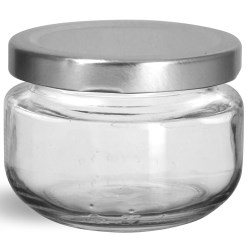 140 ml Glass Jars, Clear Glass Wide Mouth Jars w/ Silver Metal Plastisol Lined Caps