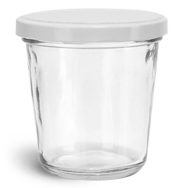 10 oz Clear Glass Jars, Clear Glass Tapered Wide Mouth Jars w/ White Metal Lug Caps