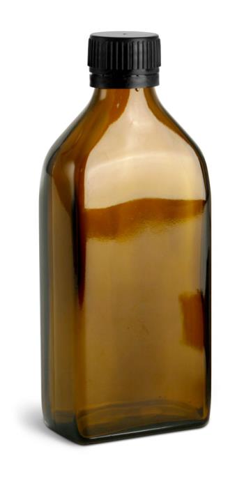 250 ml  Amber Glass Oblong Flasks w/ Black PP Ribbed Closures & Tamper Evident Seals w/ Pouring Inserts