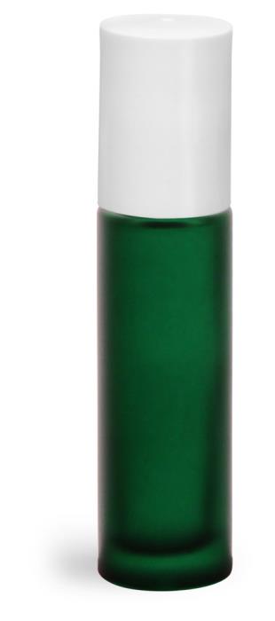 .35 oz w/ White Green Frosted Glass Roll On Containers w/ Ball and White Caps (Bulk)