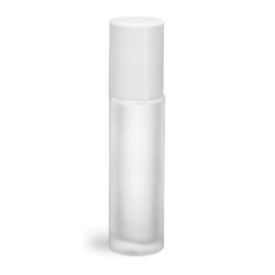 .35 oz White Frosted Glass Roll On Containers w/ Ball and White Caps