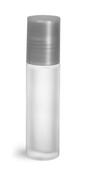 .35 oz Silver Frosted Glass Roll On Containers w/ Ball and Silver Caps