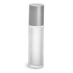 .35 oz Frosted Clear Natural Frosted Glass Roll On Containers w/ Ball and Brushed Silver Polypro Caps