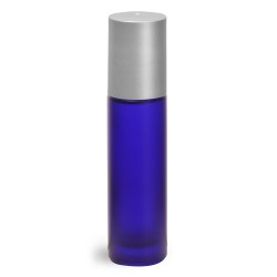 .35 oz Frosted Blue Glass Roll On Containers w/ Ball and Brushed Silver Polypro Caps