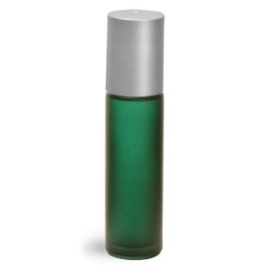 .35 oz Frosted Green Green Frosted Glass Roll On Containers w/ Ball and Brushed Silver Polypro Caps