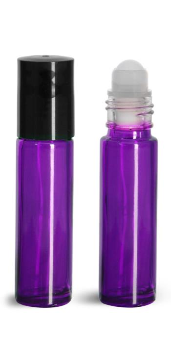 .35 oz Glass Bottles, Purple Glass Roll On Containers w/ Ball and Black Caps