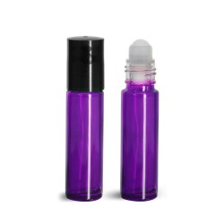 .35 oz Glass Bottles, Purple Glass Roll On Containers w/ Ball and Black Caps