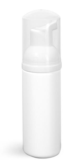 50 ml Plastic Bottles, White HDPE Cylinders w/ White Foamer Pumps & Overcaps