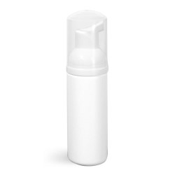 50 ml Plastic Bottles, White HDPE Cylinders w/ White Foamer Pumps & Overcaps