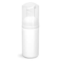 100 ml Plastic Bottles, White HDPE Cylinders w/ White Foamer Pumps & Overcaps