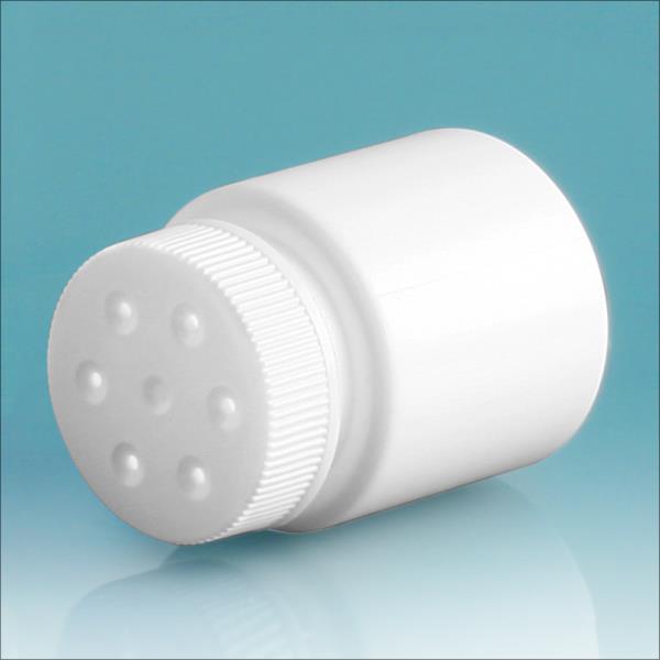 30 cc White HDPE Powder Style Bottles w/ White Twist Top Sifter Caps