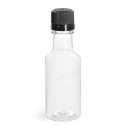 50 ml PET Plastic Bottles, Clear Nip Bottles w/ Black Tamper Evident Caps