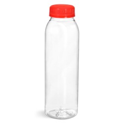 10 oz Plastic Bottles, Clear PET Round Beverage Bottles w/ Red Tamper Evident Caps