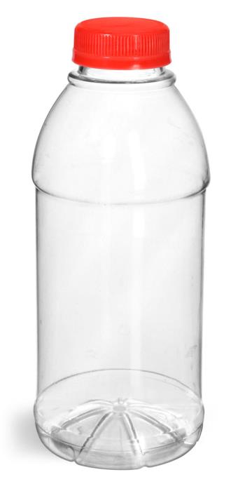 16 oz Plastic Bottles, Clear PET Beverage Bottles w/ Red Tamper Evident Caps