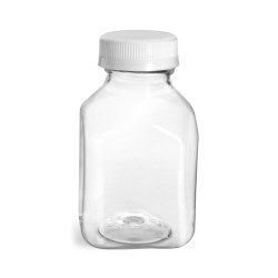 8 oz Plastic Bottles, Clear PET Square Beverage Bottles w/ White Tamper Evident Caps