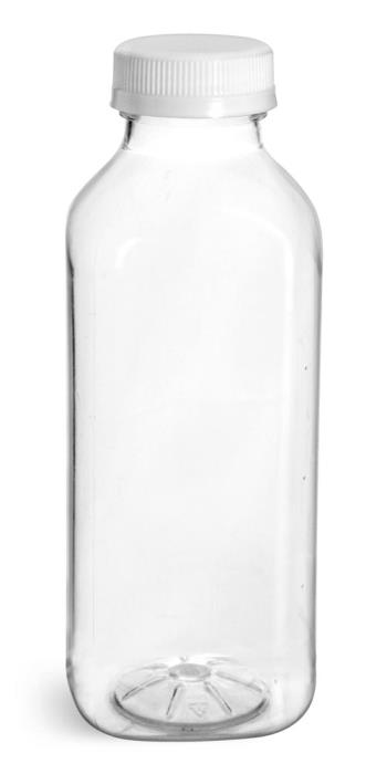 16 oz Plastic Bottles, Clear PET Square Beverage Bottles w/ White Tamper Evident Caps