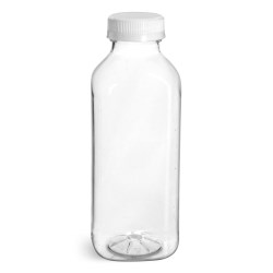 16 oz Plastic Bottles, Clear PET Square Beverage Bottles w/ White Tamper Evident Caps