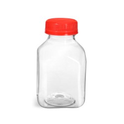 8 oz Plastic Bottles, Clear PET Square Beverage Bottles w/ Red Tamper Evident Caps